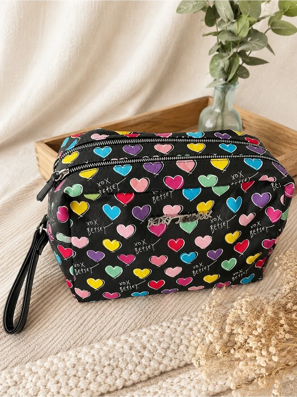 Vintage Betsey Johnson Heart Print Travel Bag | Double Zip Cosmetic Case